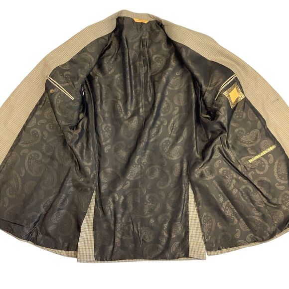 Robert Talbott Carmel Tan Blue Micro Plaid Blazer Jacket 42R Double Two Button - Picture 6 of 14